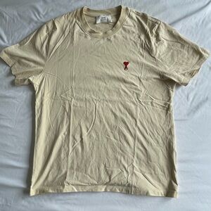 Ami Men's Cream T-Shirt with Red Heart Logo